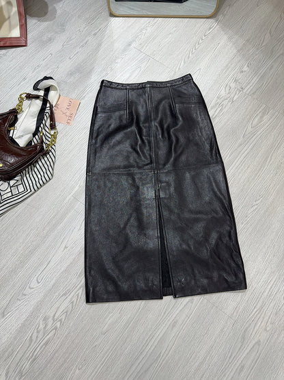 Women’s Real Leather Mid-Length Skirt with Back Slit