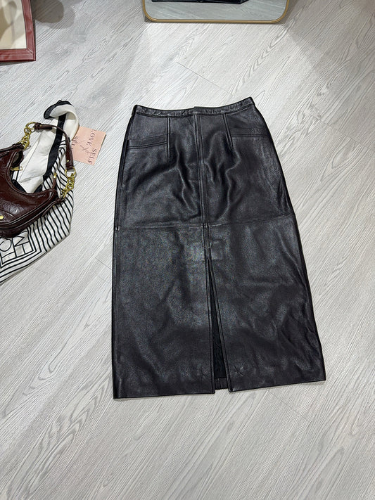 Women’s Real Leather Mid-Length Skirt with Back Slit