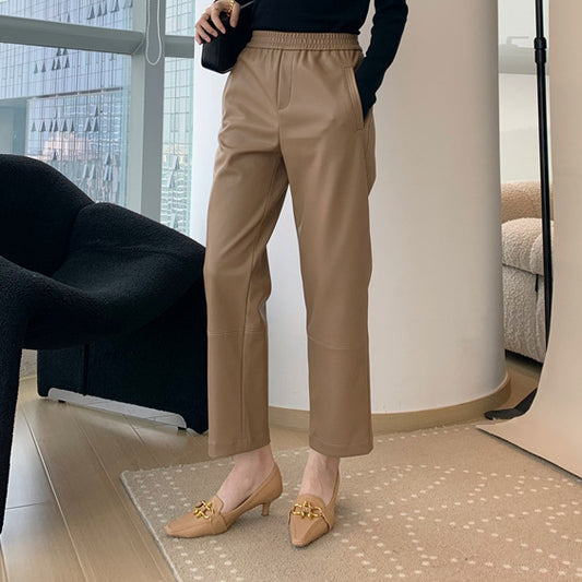Women’s Genuine Leather Pants High Waist Wide-Leg Trousers