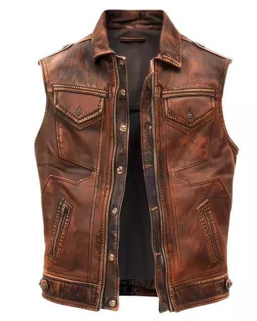 Men's Brown Leather Biker Vest with Patina and Pockets