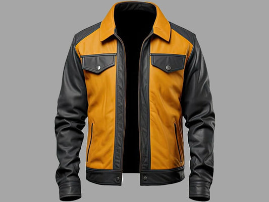 Men's Black and Yellow Genuine Leather Jacket