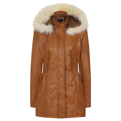 Women's fur hood tan sheepskin leather jacket coat