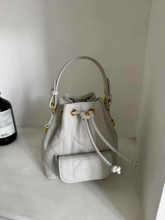 Small Quilted Leather Bucket Shoulder Bag for Women