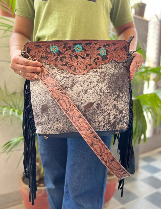 Real Cowhide Tooled Leather Fringe Handbag