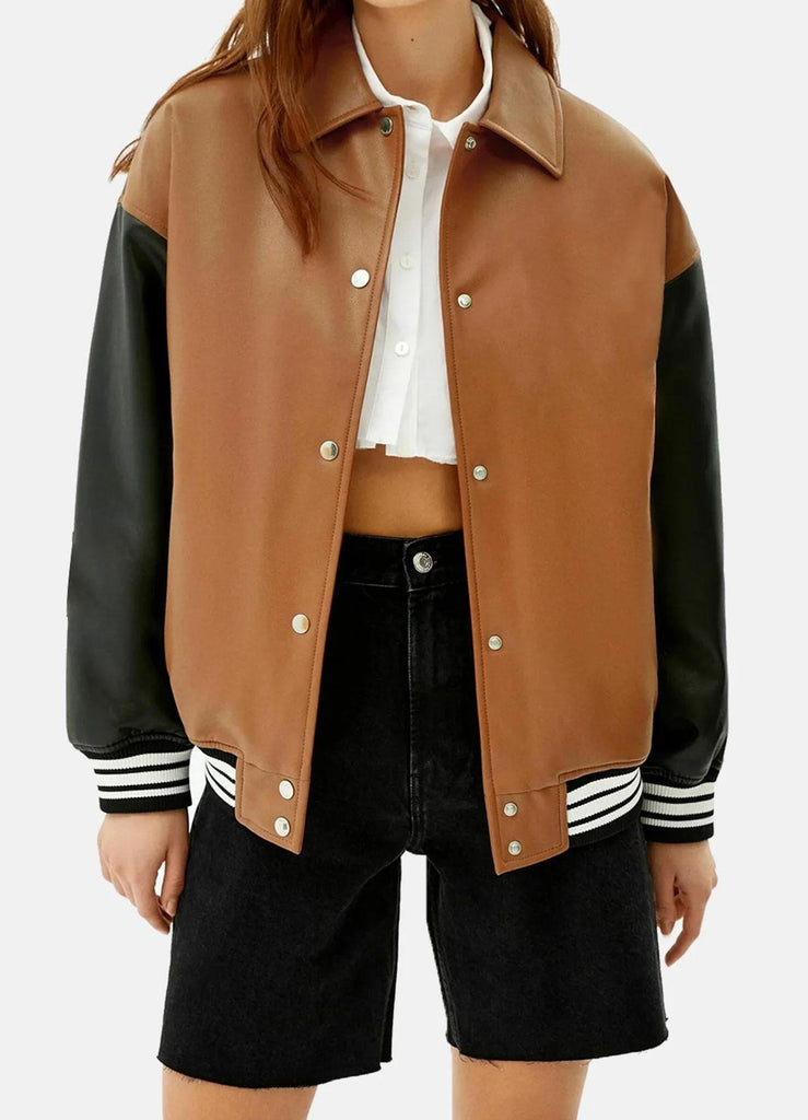 Women Leather Varsity Jacket brown black Sleeves