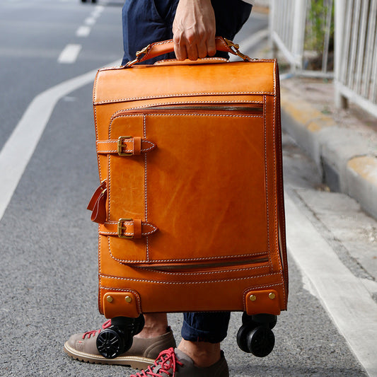 Leather Carry On Suitcase Trolley Case with Spinner Wheels