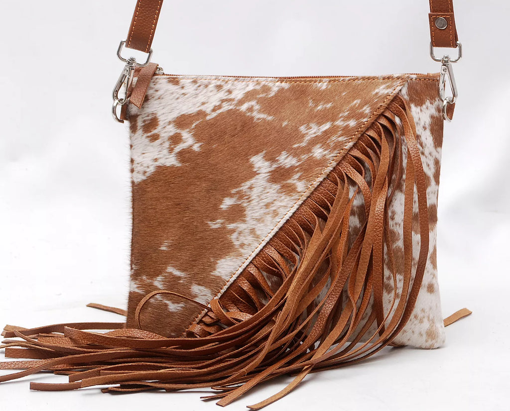 Brown White Leather Cowhide Sling Purse