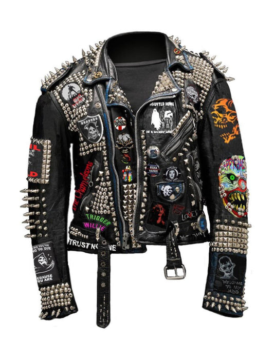 Patches Studded Spiked Men's Genuine Leather Jacket