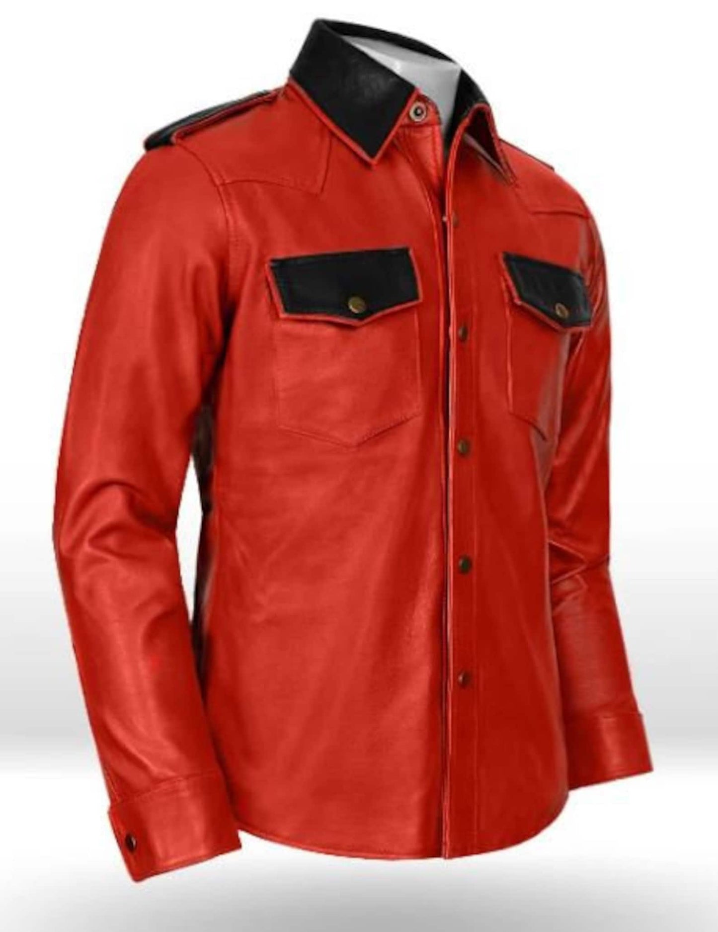 Real Leather Shirt Black Red