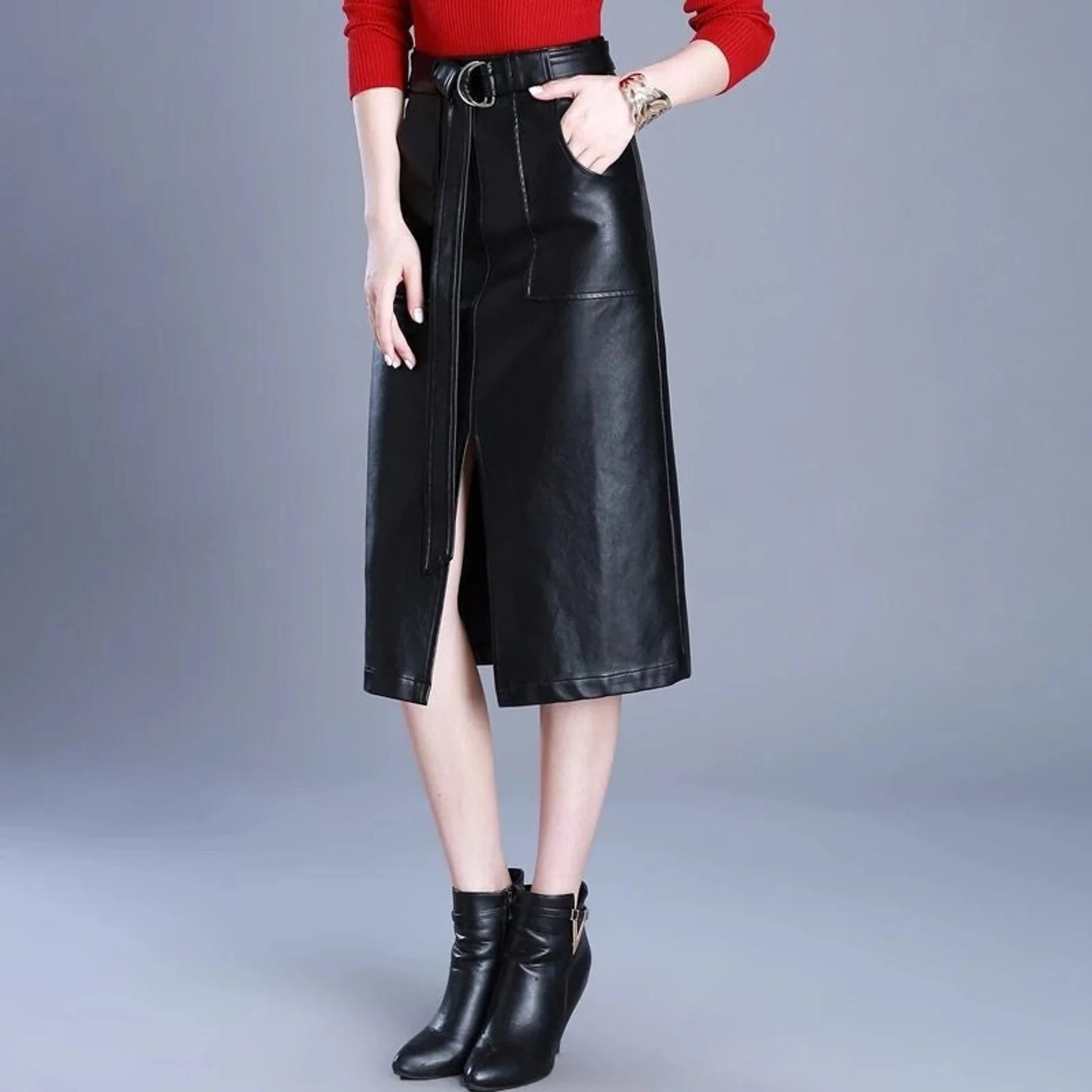 Women's Leather Midi Skirt