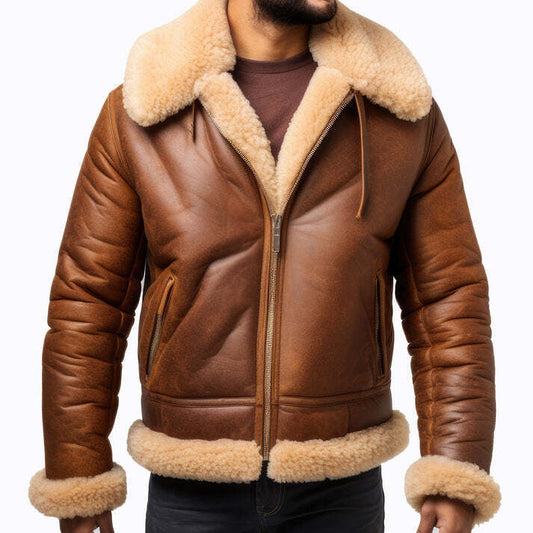 Mens Brown B3 Fur Shearling Bomber Leather Jacket