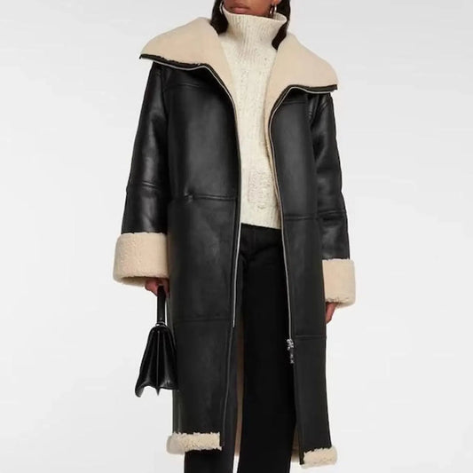 Women Leather Fur Trench Jacket Coat