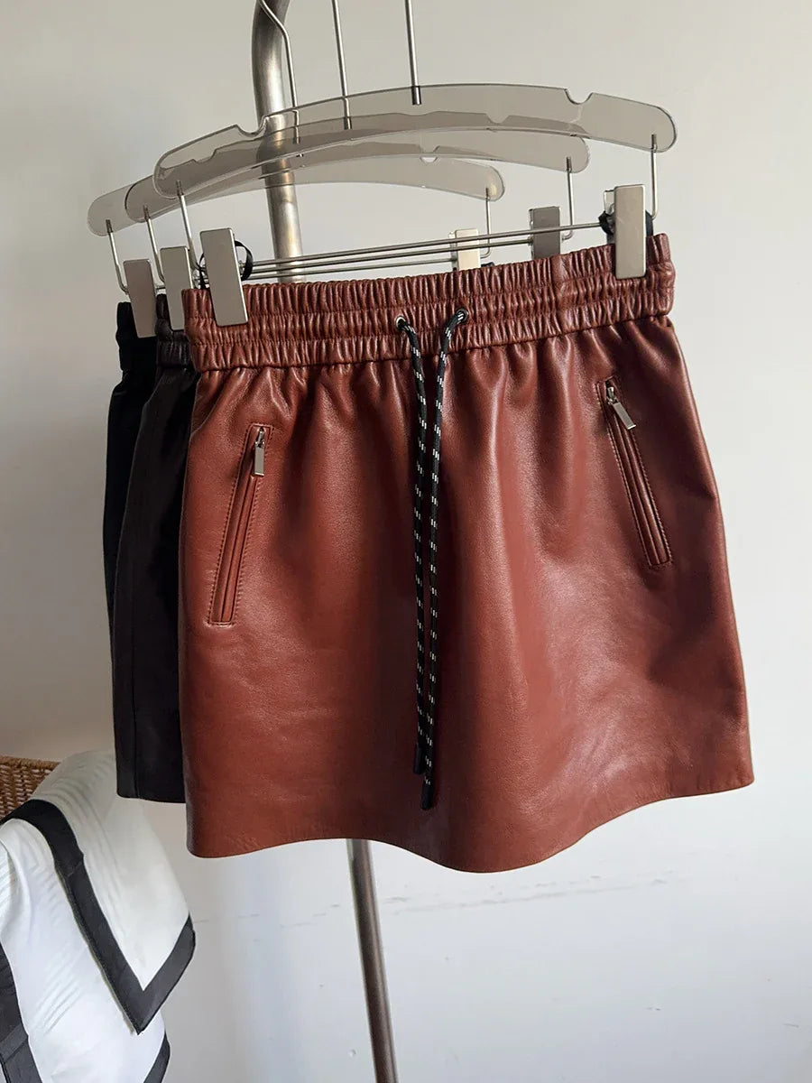 Genuine sheepskin leather mini skirt with drawstring 1 S