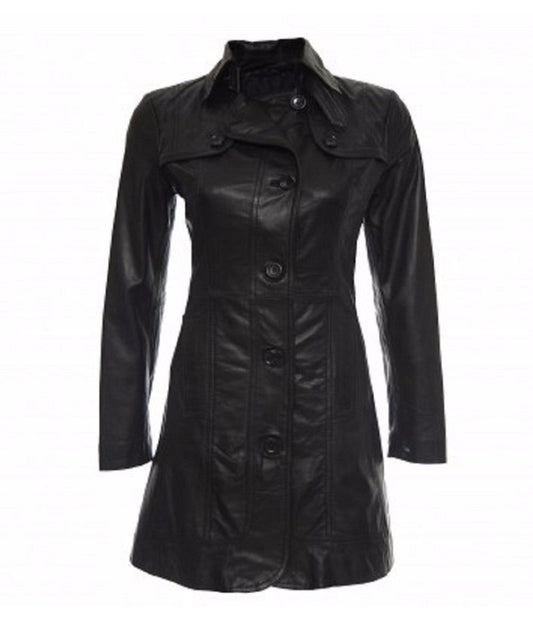 Genuine Leather Long Trench Coat For Women
