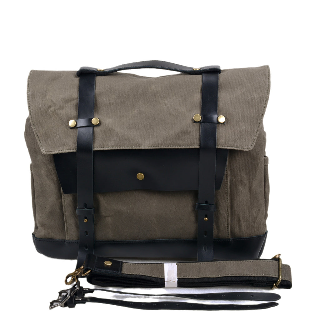 Canvas Motorcycle Saddlebag with Waxed Finish and Cowhide Leather Straps 1