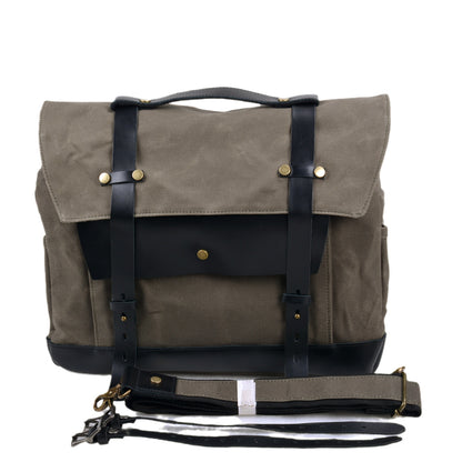 Canvas Motorcycle Saddlebag with Waxed Finish and Cowhide Leather Straps 1