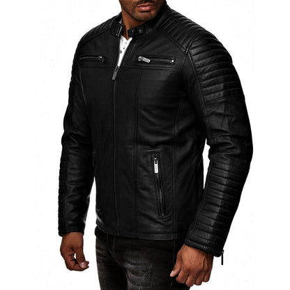 Men Black Sheep Leather Jacket Racer Motorcycle