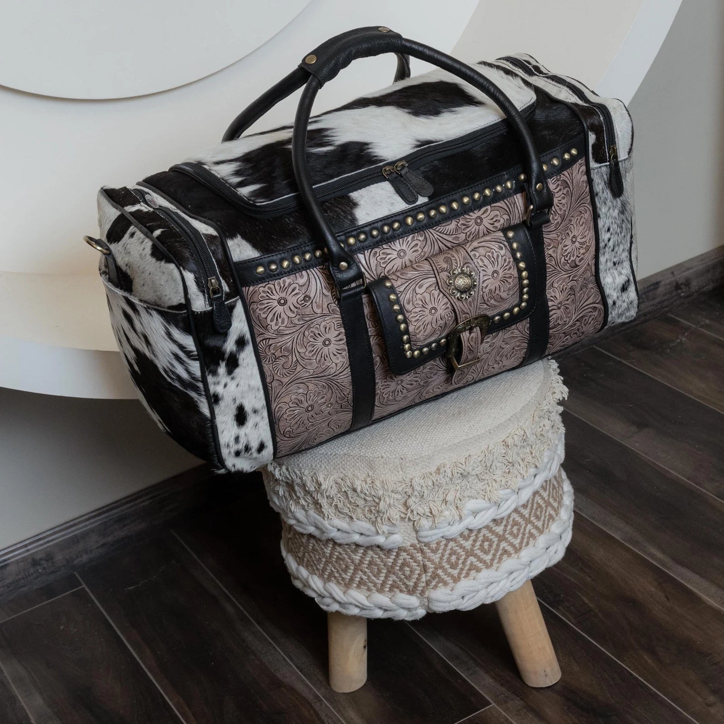 Cowhide Travel Weekender Bag With Tooled Leather