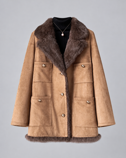 Women’s Suede Jacket Brown Fur Collar Mid-Length Winter Coat