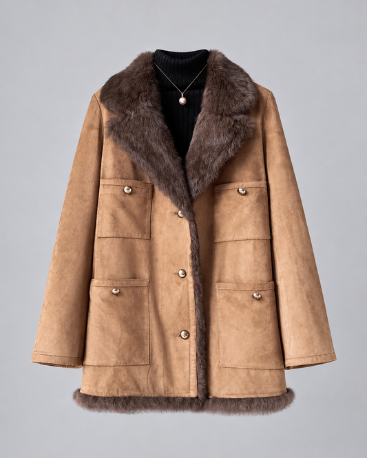 Women’s Suede Jacket Brown Fur Collar Mid-Length Winter Coat