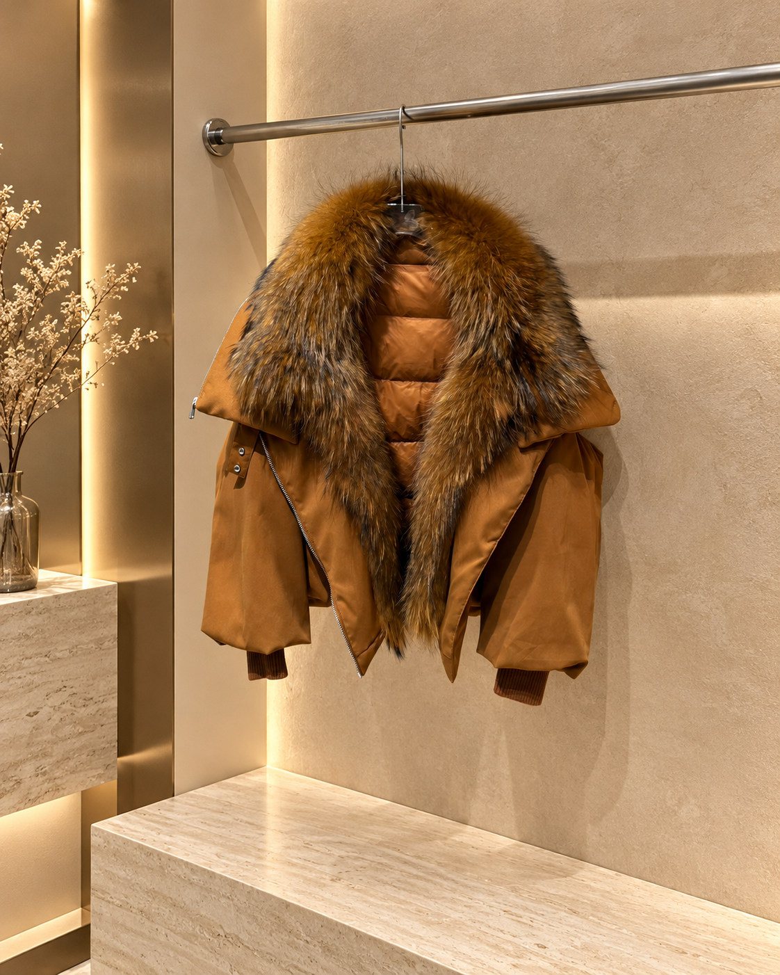 Women's Short Down Jacket with Detachable Raccoon Fur Collar 2 S