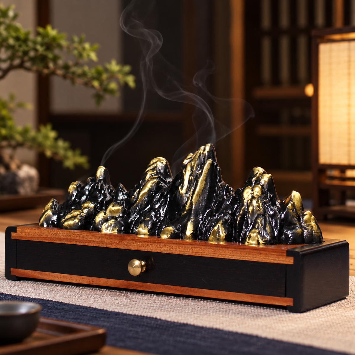 Incense Box with Mountain Landscape and Storage Drawer