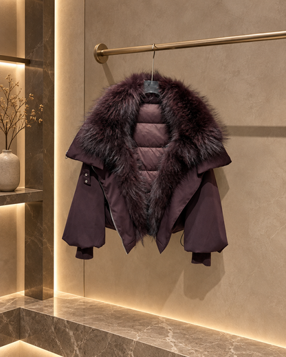 Women's Short Down Jacket with Detachable Raccoon Fur Collar 5 S