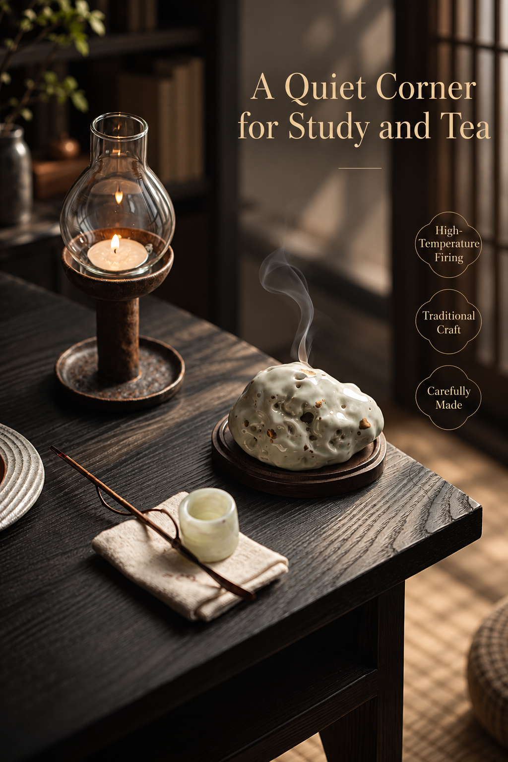 Ceramic Incense Burner with Wooden Base and Stone-Inspired Design