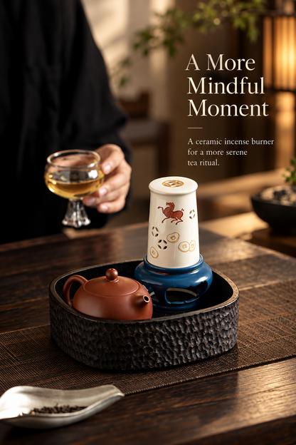 Ceramic Incense Burner with Crane Cutout Lid for Coil Incense