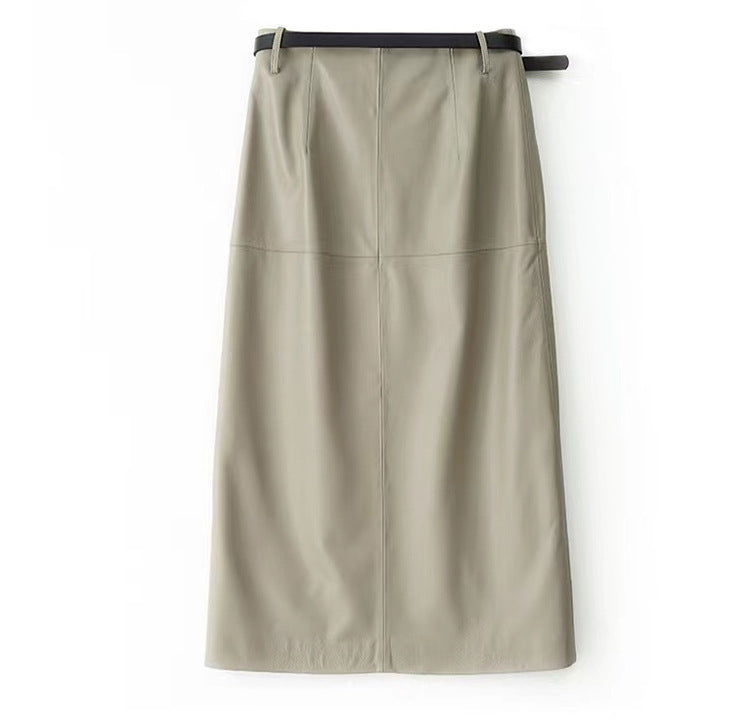Genuine Leather Skirt High Waisted Slim Fit with Front Slit