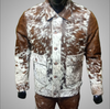 Tricolor cowhide jacket handcrafted from real cow skin. Features natural fur texture, cow print pattern, and western hide styling for rodeo or cowboy fashion looks.

