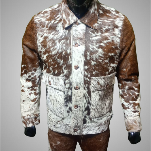 Tricolor cowhide jacket handcrafted from real cow skin. Features natural fur texture, cow print pattern, and western hide styling for rodeo or cowboy fashion looks.

