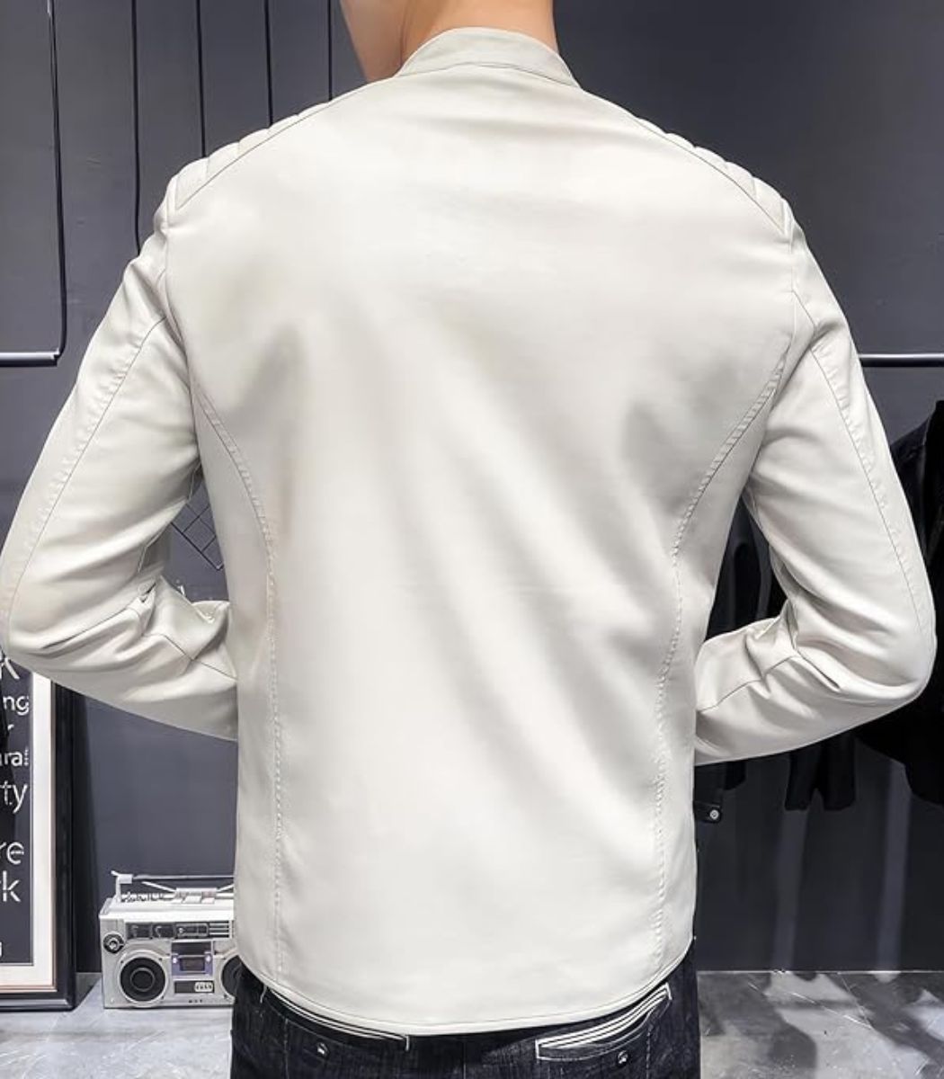 White Leather Jacket with Zipper Closure