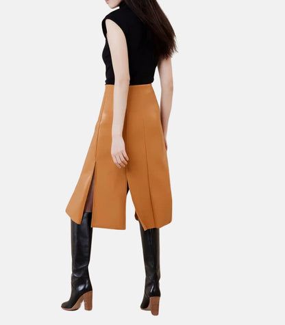 Brown Leather Skirt With Slit