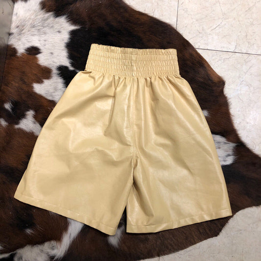High Waisted Women Leather Shorts Mid Length Wide Leg