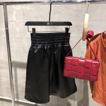 High Waisted Women Leather Shorts Mid Length Wide Leg