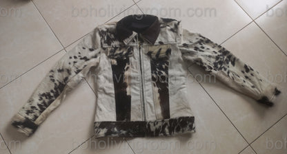 Make a bold impression with this handcrafted cowhide jacket. Featuring real cow skin hair-on-hide finish, it’s ideal for rodeo events, ranch days, and country weddings.

