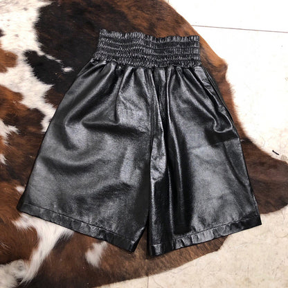 High Waisted Women Leather Shorts Mid Length Wide Leg