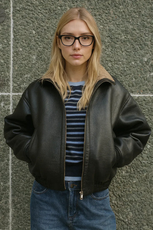 Women Oversized Moto Leather Zip Jacket Shearling