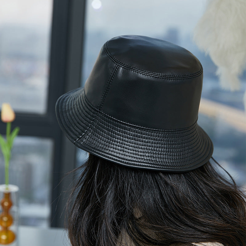 Women’s Genuine Leather Bucket Hat with Sunshade Brim