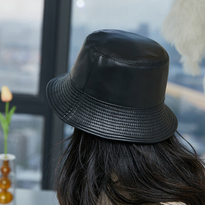 Women’s Genuine Leather Bucket Hat with Sunshade Brim