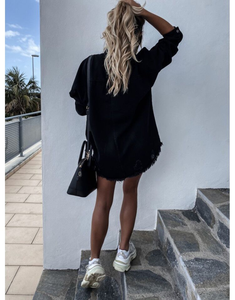 Distressed Oversized Denim Shacket Shirt Dress for Women