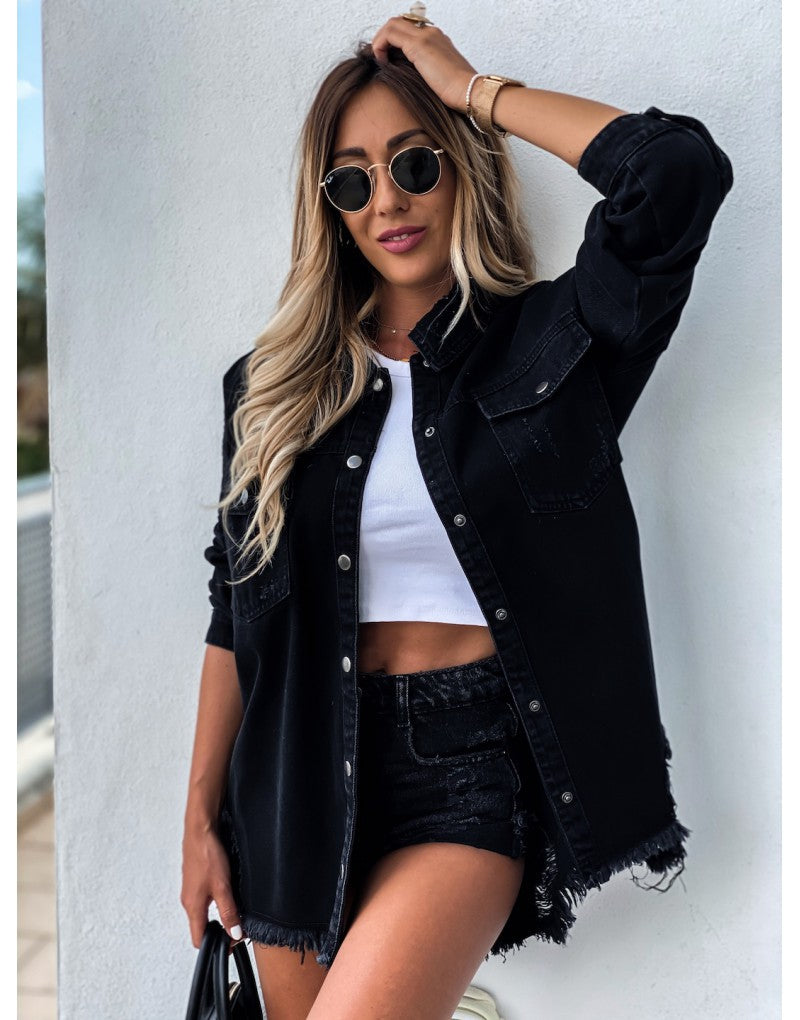 Distressed Oversized Denim Shacket Shirt Dress for Women