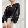 Round Neck Cropped Moto Style Women Leather Jacket