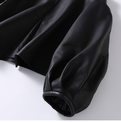 Round Neck Cropped Moto Style Women Leather Jacket