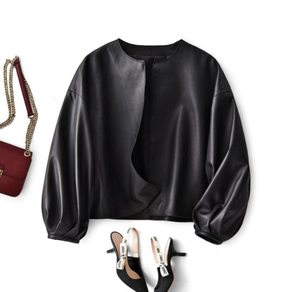 Round Neck Cropped Moto Style Women Leather Jacket