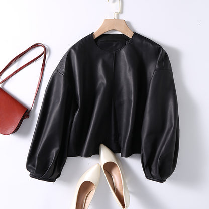 Round Neck Cropped Moto Style Women Leather Jacket