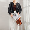 Round Neck Cropped Moto Style Women Leather Jacket