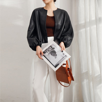 Round Neck Cropped Moto Style Women Leather Jacket