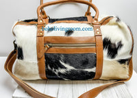 Black And White Cowhide Leather Duffel Weekender Bag